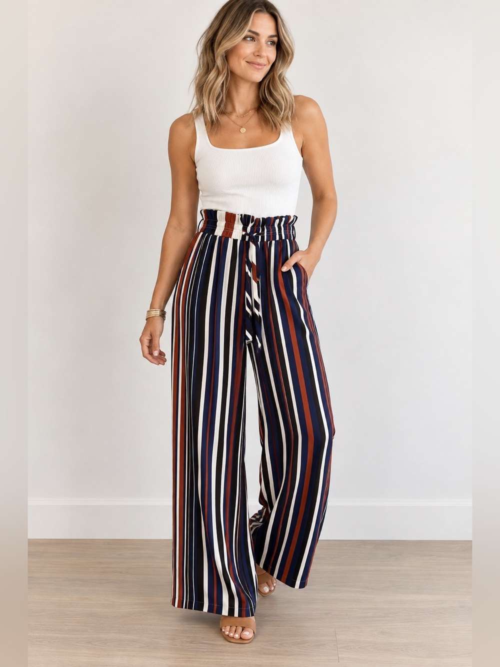 Express Super High Rise Wide Leg Striped Paperbag Pants Medium